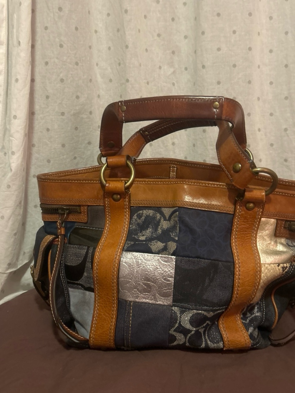 Patchwork Denim and Tan Leather Tote Bag
